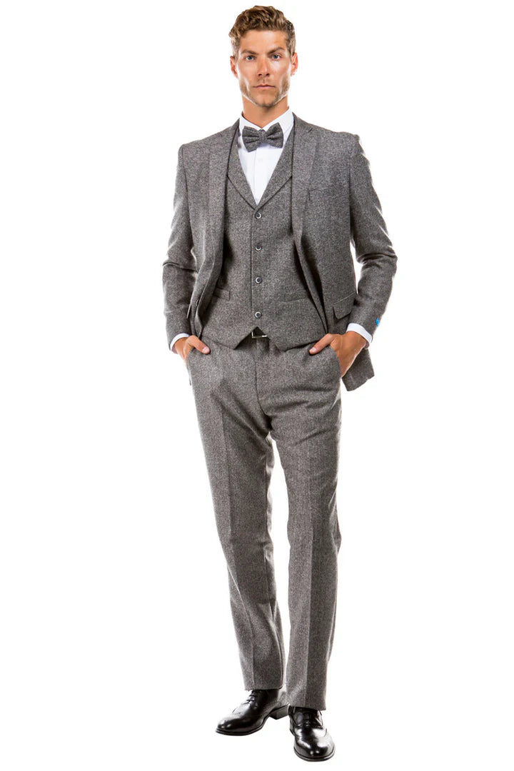 Men’s Two Button Vested Vintage Style Tweed Wedding Suit in Grey 