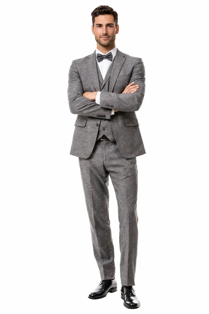 Men’s Two Button Vested Vintage Style Tweed Wedding Suit in Grey 