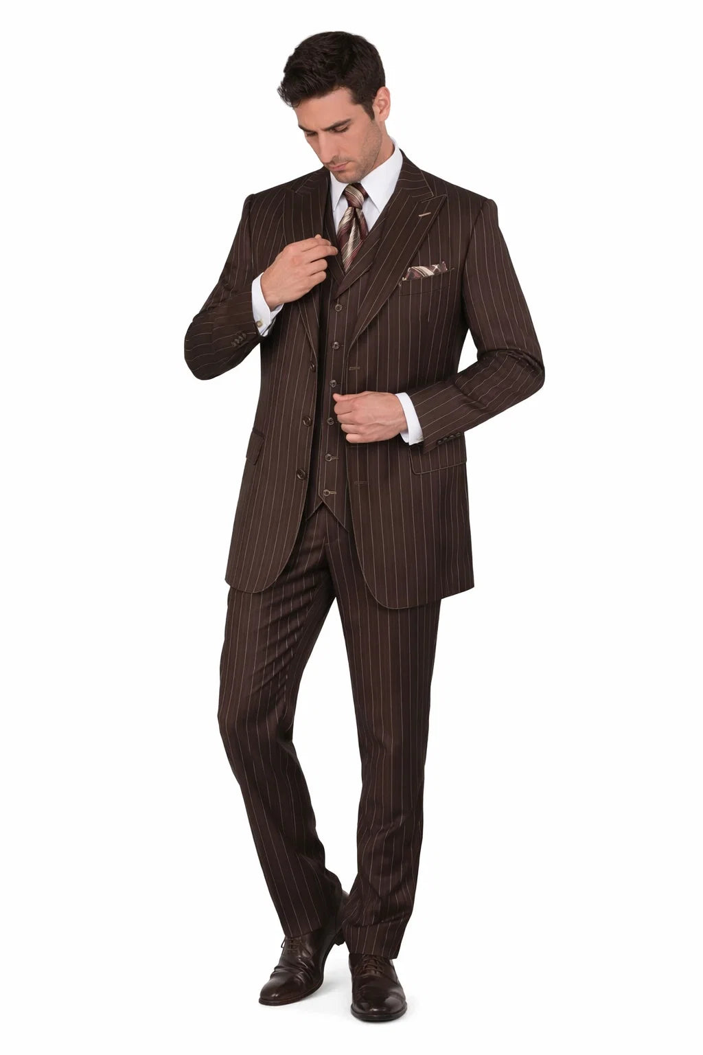 Men’s Vintage Brown Pinstripe 3-Piece Gangster Suit - 38 Short Jacket+32 Waist Adjustable 28to34)(Height: 5 4 to5 7 )(Neck  15-16.5)S-M)