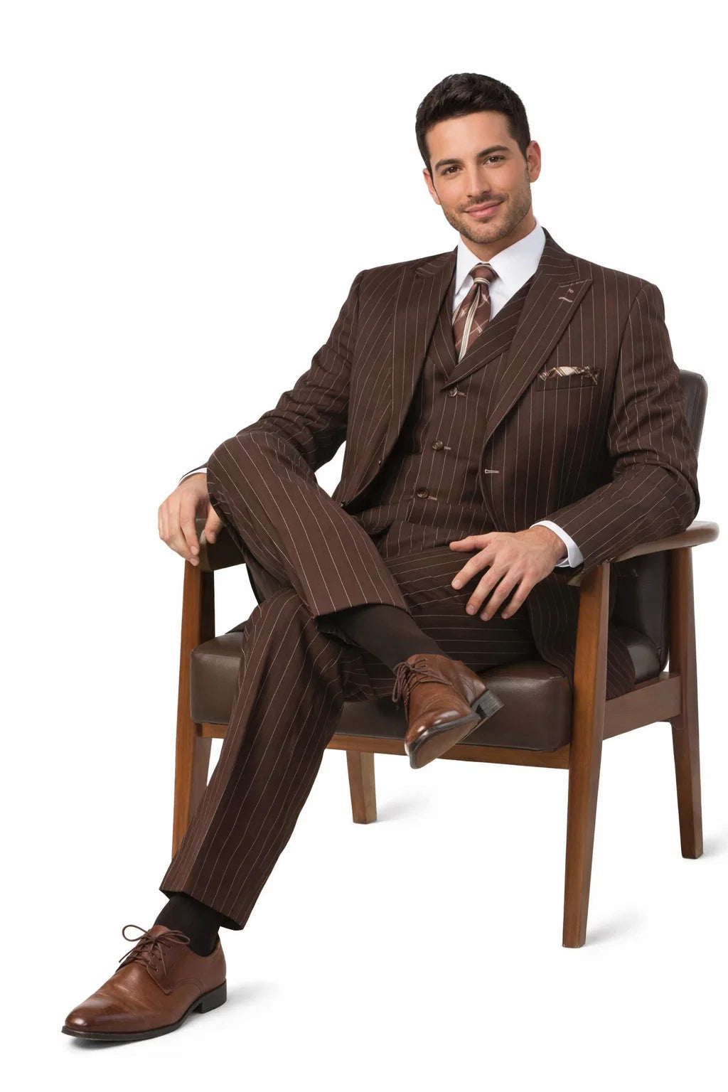 Men’s Vintage Brown Pinstripe 3-Piece Gangster Suit - 38 Short Jacket+32 Waist Adjustable 28to34)(Height: 5 4 to5 7 )(Neck  15-16.5)S-M)