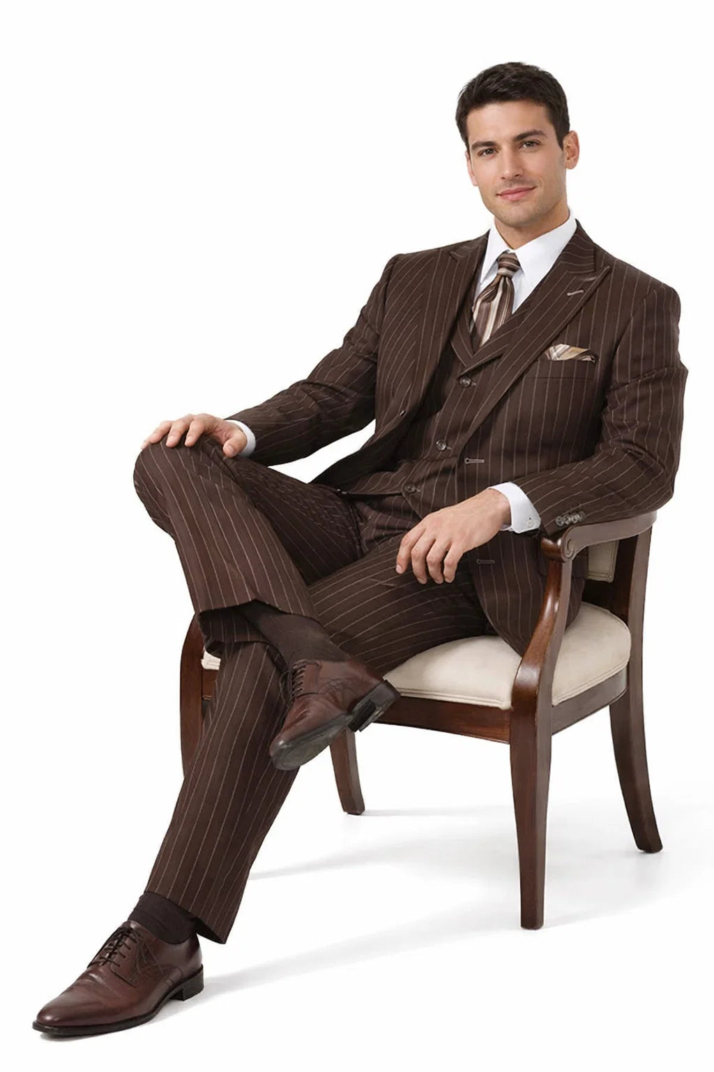 Men’s Vintage Brown Pinstripe 3-Piece Gangster Suit - 38 Short Jacket+32 Waist Adjustable 28to34)(Height: 5 4 to5 7 )(Neck  15-16.5)S-M)