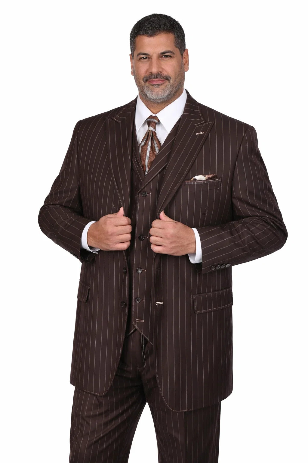 Men’s Vintage Brown Pinstripe 3-Piece Gangster Suit - 38 Short Jacket+32 Waist Adjustable 28to34)(Height: 5 4 to5 7 )(Neck  15-16.5)S-M)