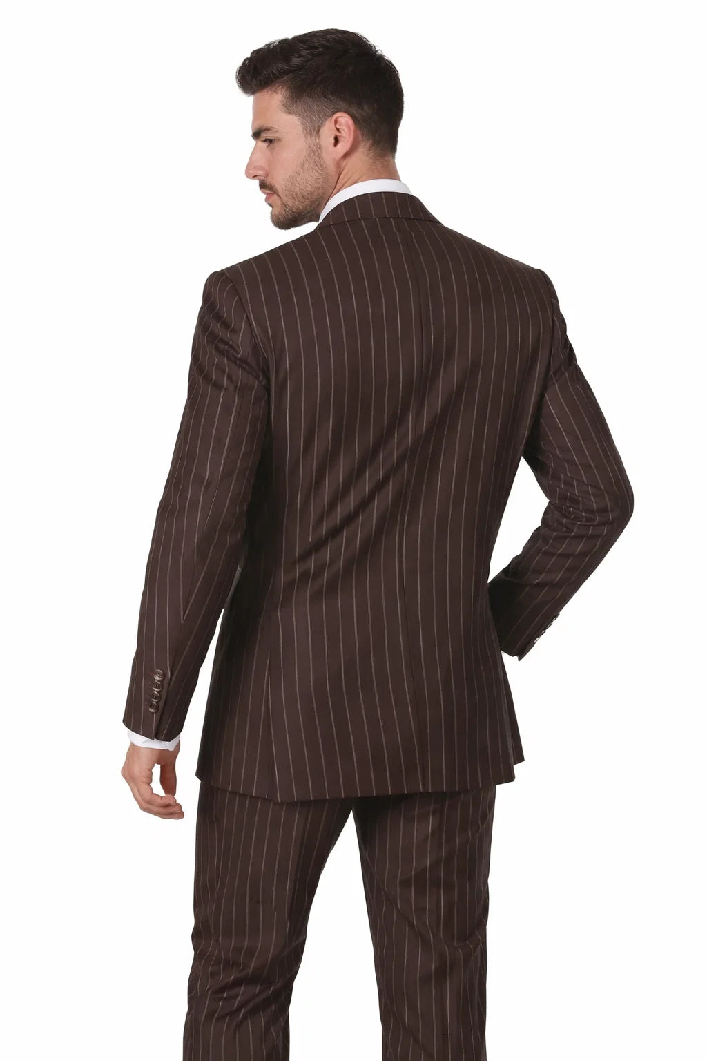 Men’s Vintage Brown Pinstripe 3-Piece Gangster Suit - 38 Short Jacket+32 Waist Adjustable 28to34)(Height: 5 4 to5 7 )(Neck  15-16.5)S-M)