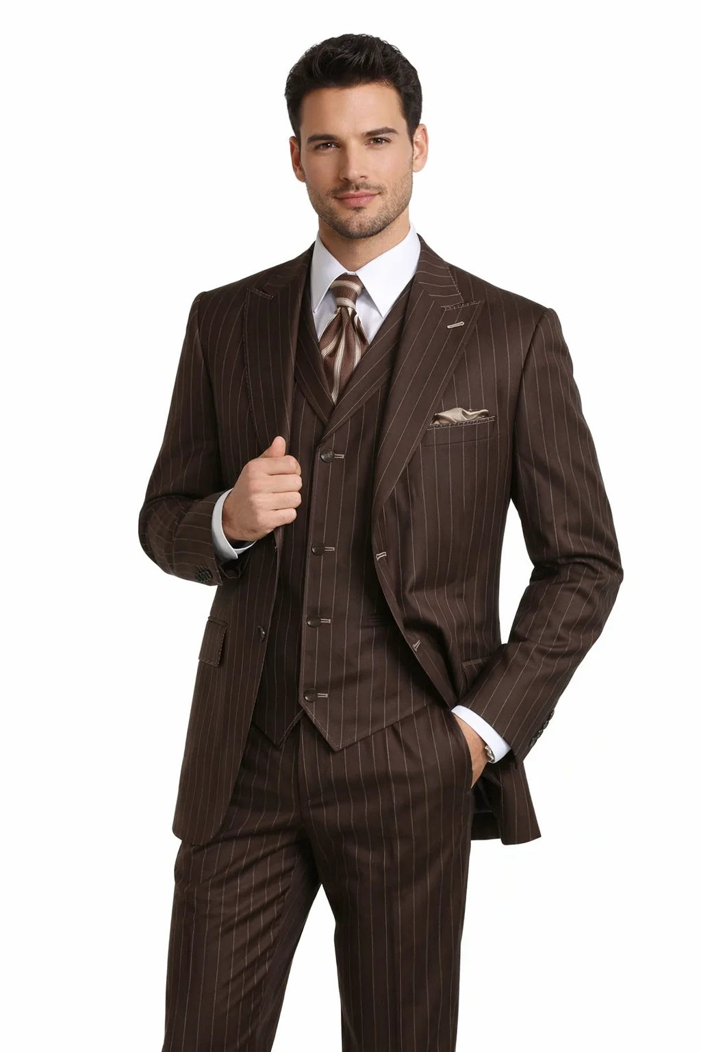 Men’s Vintage Brown Pinstripe 3-Piece Gangster Suit - 38 Short Jacket+32 Waist Adjustable 28to34)(Height: 5 4 to5 7 )(Neck  15-16.5)S-M)