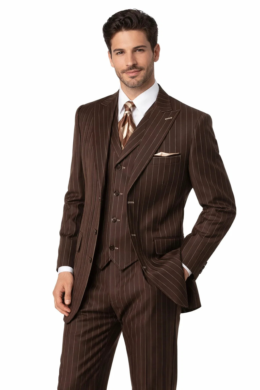 Men’s Vintage Brown Pinstripe 3-Piece Gangster Suit - 38 Short Jacket+32 Waist Adjustable 28to34)(Height: 5 4 to5 7 )(Neck  15-16.5)S-M)