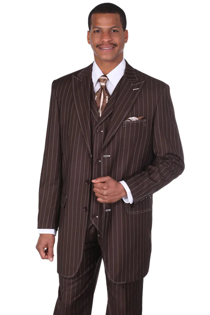 Men’s Vintage Brown Pinstripe 3-Piece Gangster Suit - 38 Short Jacket+32 Waist Adjustable 28to34)(Height: 5 4 to5 7 )(Neck  15-16.5)S-M)