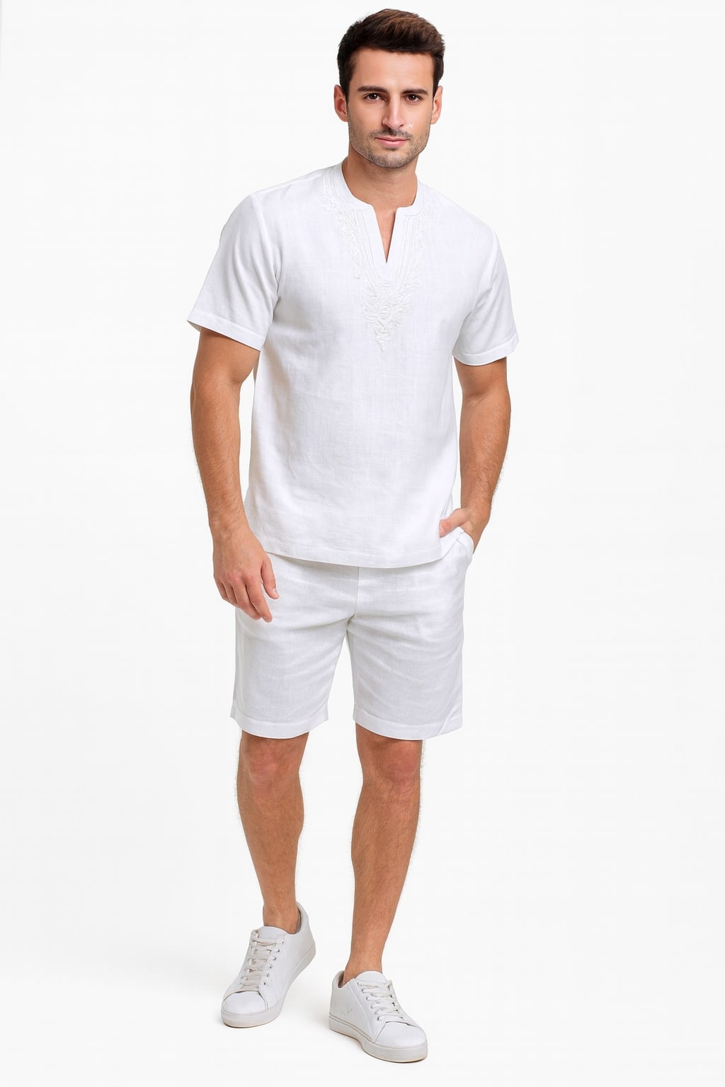 Men’s White Embroidered Short Set – Casual Summer Outfit with V-Neck Shirt and Matching Shorts - S