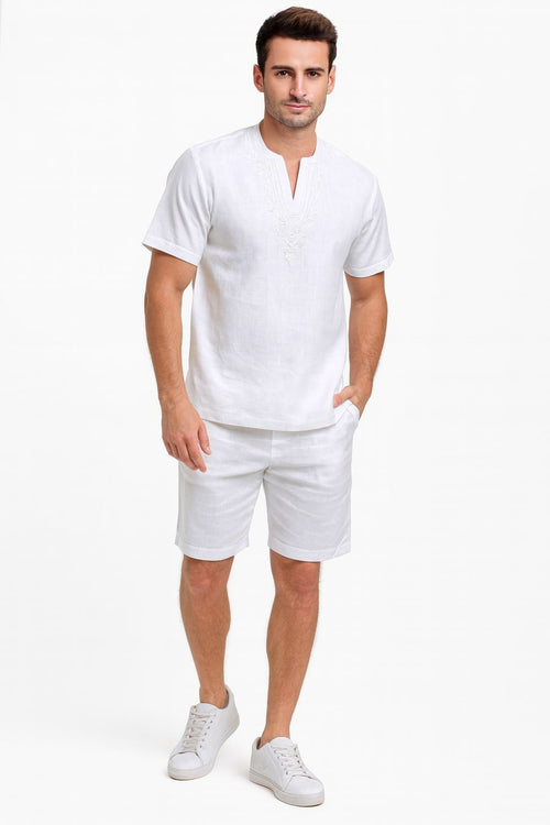 Mens White Embroidered Short Set – Casual Summer Outfit with V-Neck Shirt and Matching Shorts