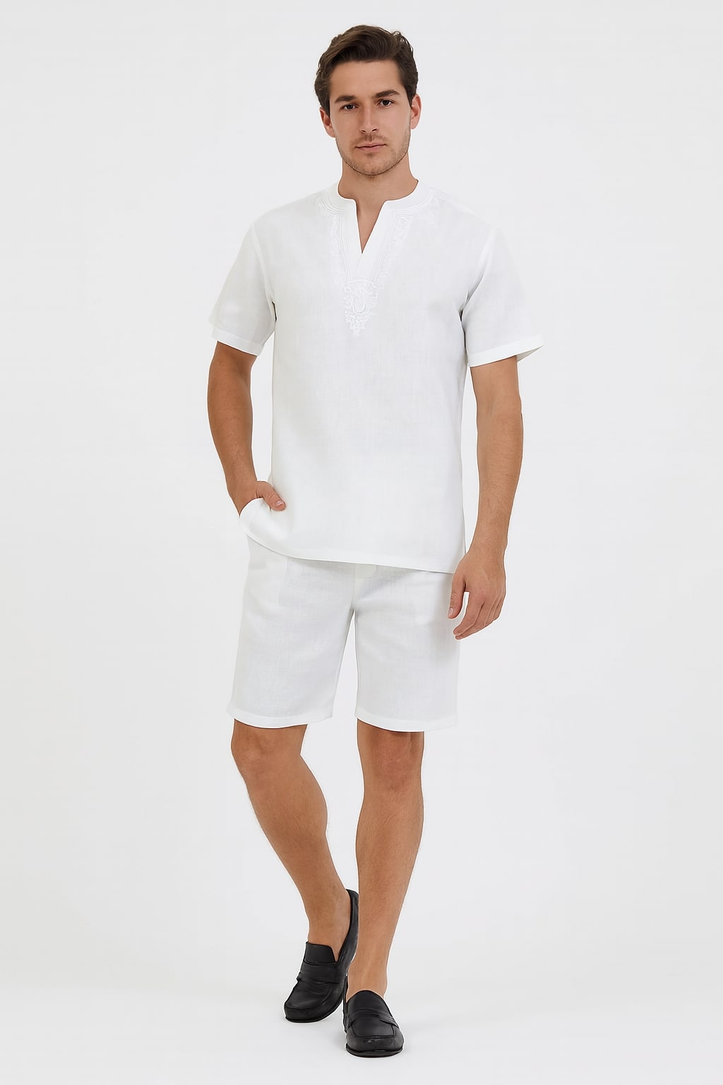 Men’s White Embroidered Short Set – Casual Summer Outfit with V-Neck Shirt and Matching Shorts - S