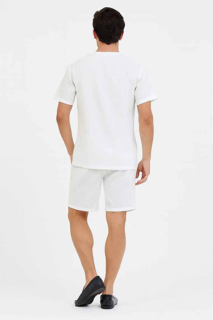 Mens White Embroidered Short Set – Casual Summer Outfit with V-Neck Shirt and Matching Shorts