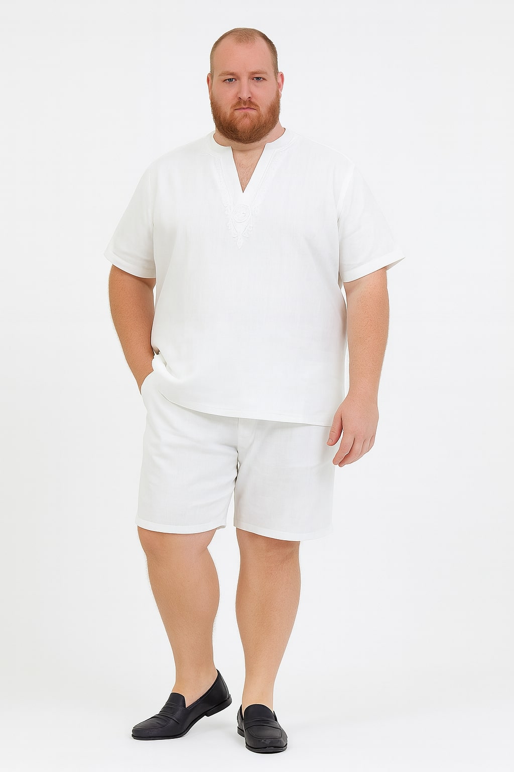 Men’s White Embroidered Short Set – Casual Summer Outfit with V-Neck Shirt and Matching Shorts - S