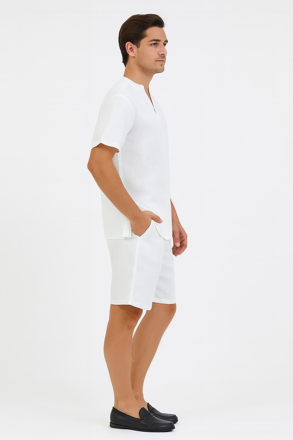 Men’s White Embroidered Short Set – Casual Summer Outfit with V-Neck Shirt and Matching Shorts - S