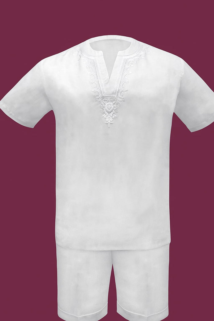 Mens White Embroidered Short Set – Casual Summer Outfit with V-Neck Shirt and Matching Shorts
