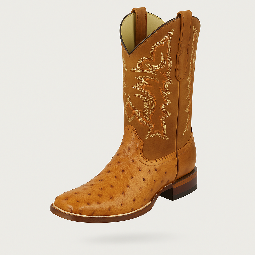 Men's Los Altos Ostrich Skin Wide Square Toe Boots - B-New Designer Collection - Amber