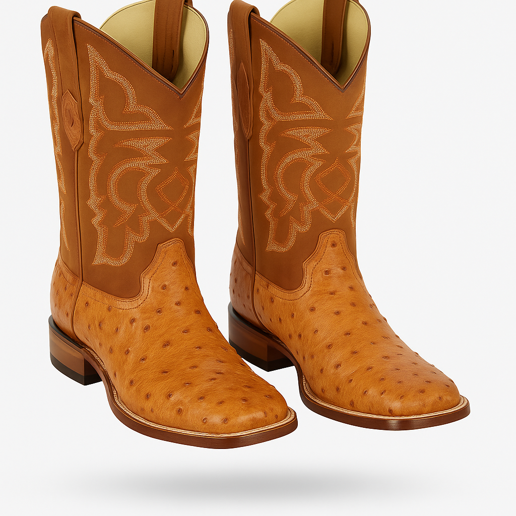 Men's Los Altos Ostrich Skin Wide Square Toe Boots - B-New Designer Collection - Amber