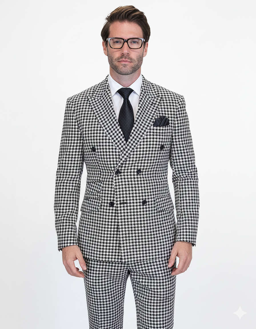 Double Breasted Suits - Vested Suits Wool Fabric  - Black Houndstooth Suit - 34 Short or Extra Small