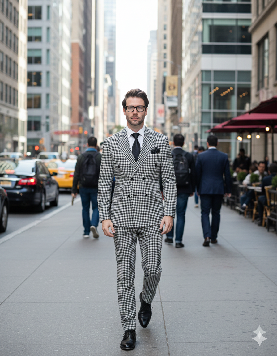 Double Breasted Suits - Vested Suits Wool Fabric  - Black Houndstooth Suit