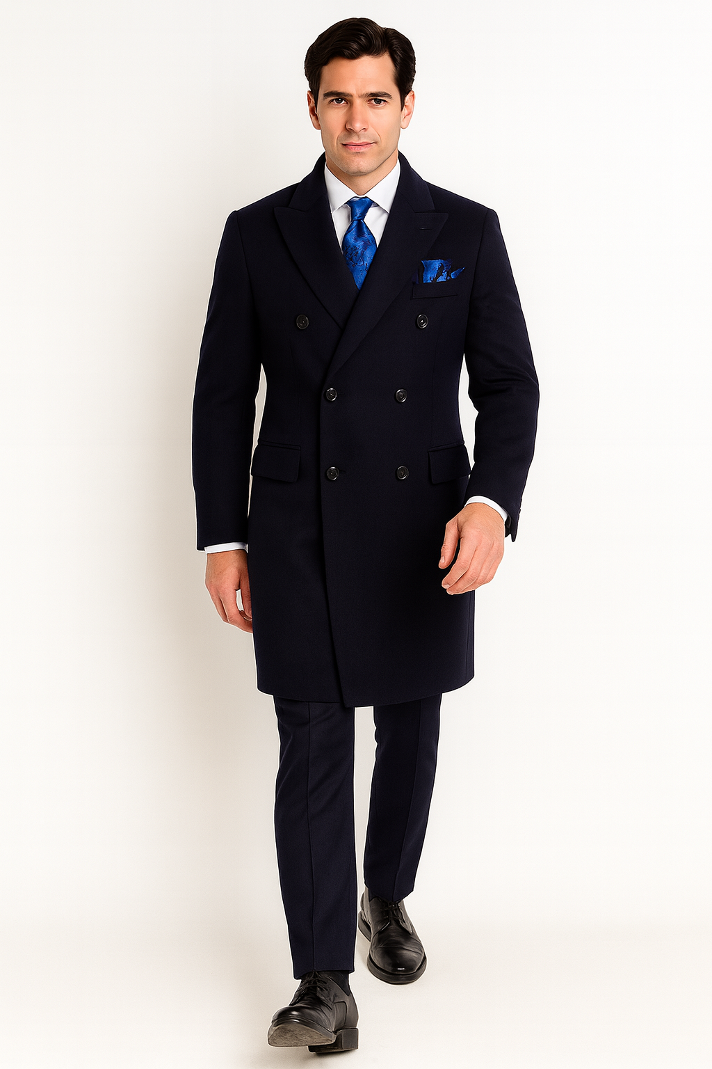 Navy Blue Overcoat - Blue Winter Topcoat - Fabric Double Breasted - Coat Size 38