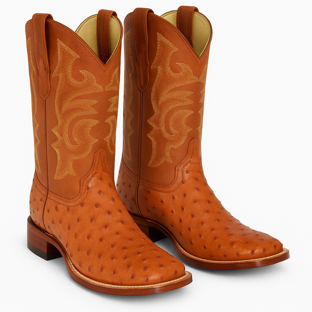 Men's Los Altos Ostrich Skin Wide Square Toe Boots - B-New Designer Collection - Amber