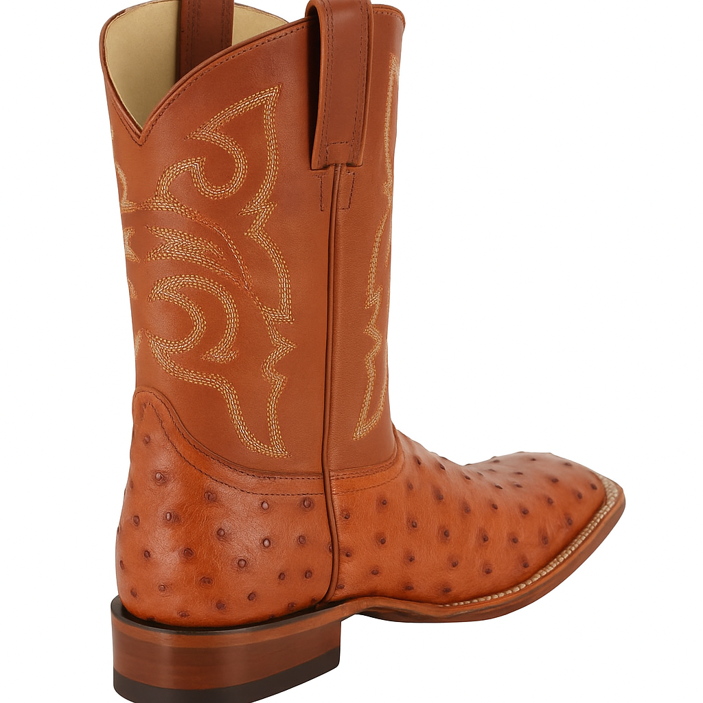 Men's Los Altos Ostrich Skin Wide Square Toe Boots - B-New Designer Collection - Amber