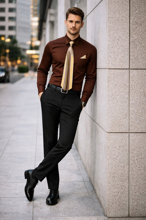 French Cuff + Tie + Handkerchief Men's Dress Shirt With Tie