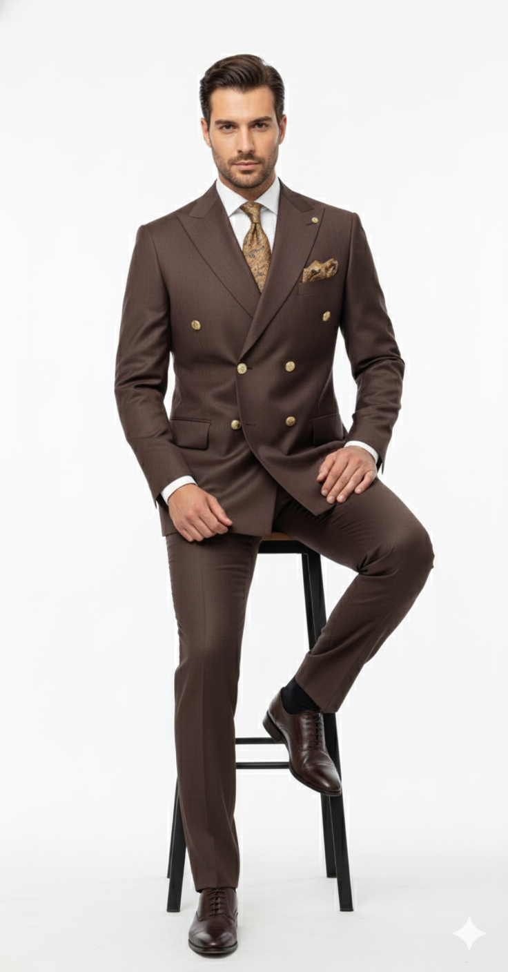 Mens Double Breasted Suits Gold Buttons -  Brown Suit - Double Breasted Blazer-New Designer Collection - 36 Regular Jacket+30 Waist Adjustable 26to32)Height: 5'7"-6')(Neck: 14.5-16:S)
