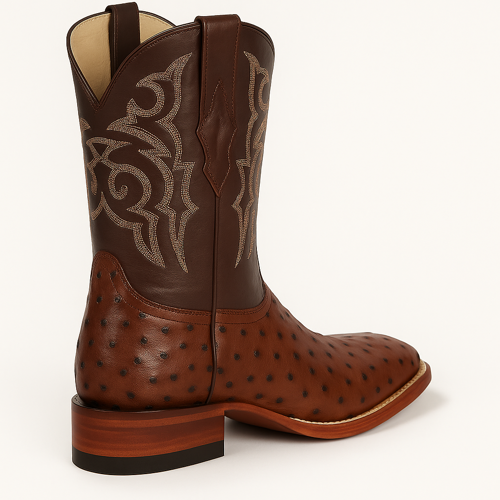 Men's Los Altos Ostrich Skin Wide Square Toe Boots - B-New Designer Collection - Amber