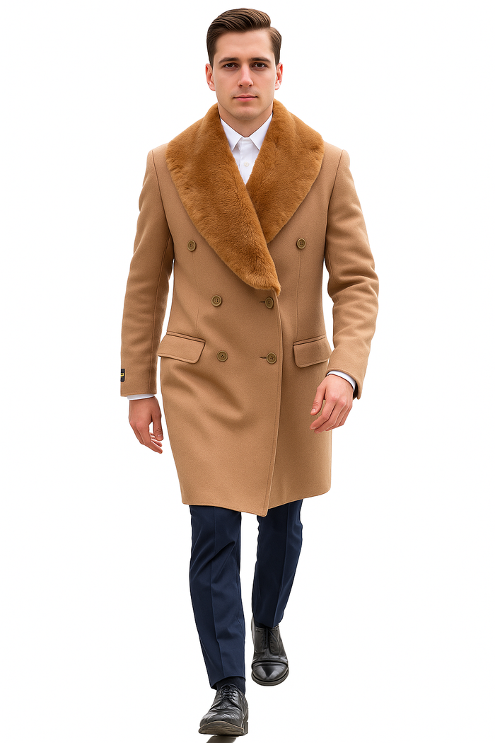 Mens Camel Color Peacoat - Mens Wool Camel Peacoat