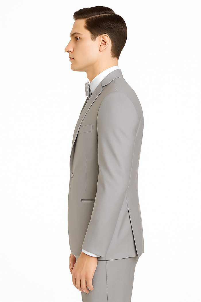 Mens Designer Marseille One Button Satin Trimmed Peak Tuxedo Light Grey