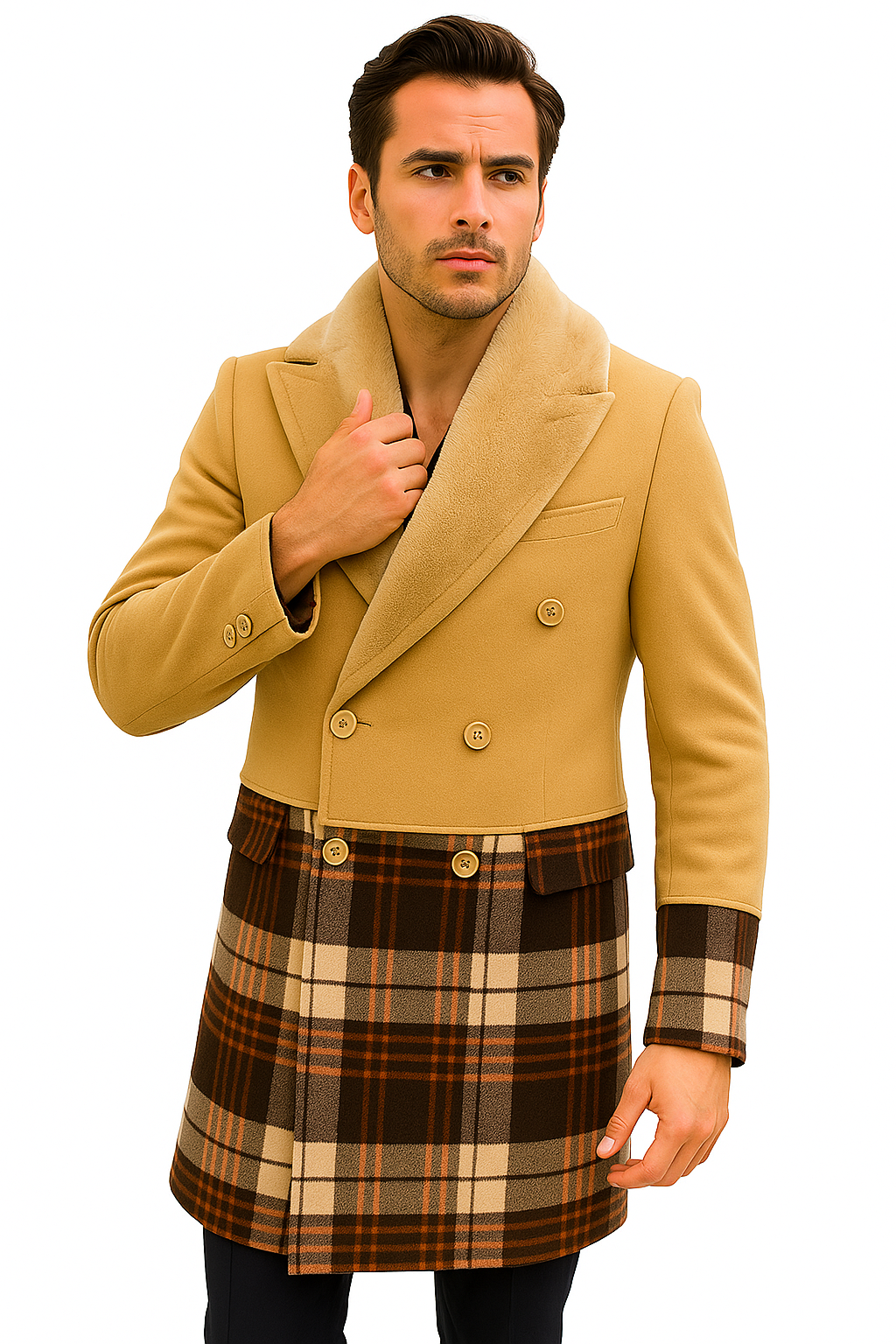 Mens Wool Plaid Peacoat - Plaid Pattern Wool camel-tan Coat - Coat Size 38