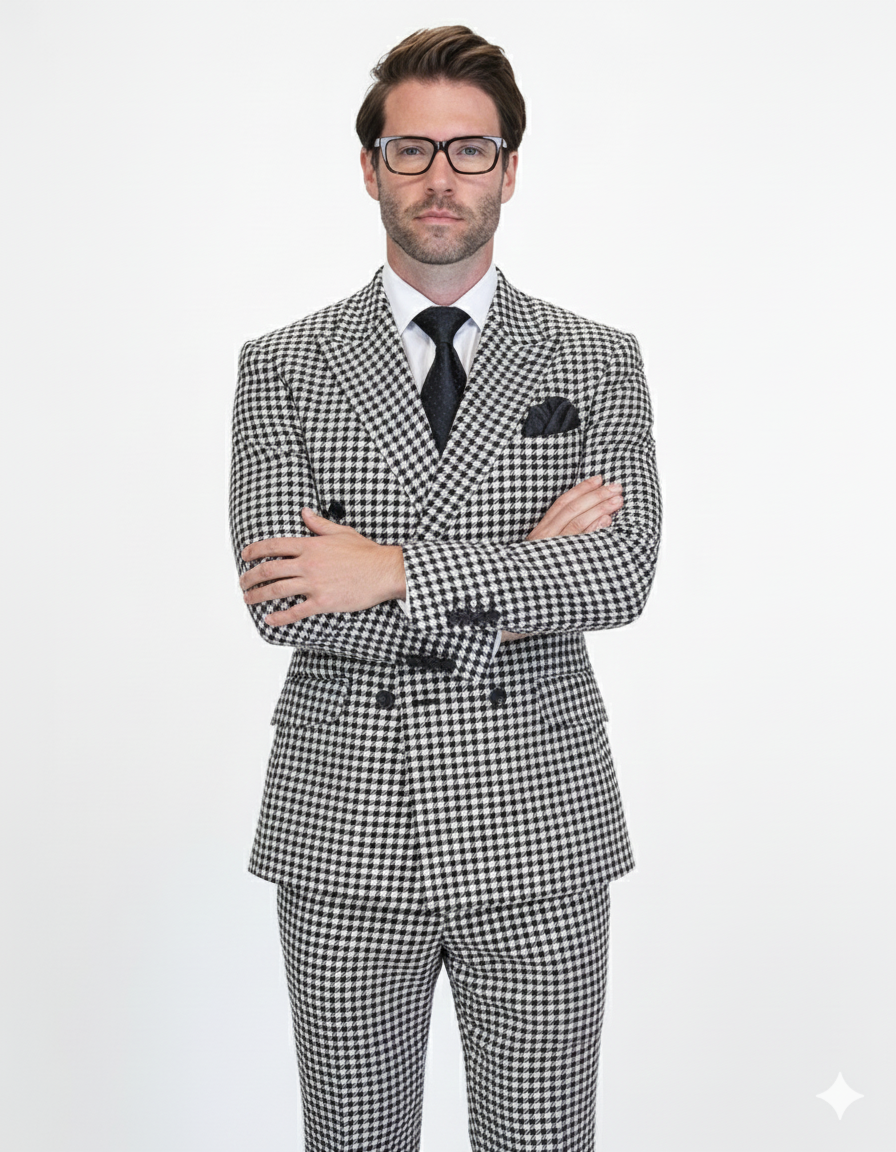 Double Breasted Suits - Vested Suits Wool Fabric  - Black Houndstooth Suit - 34 Short or Extra Small
