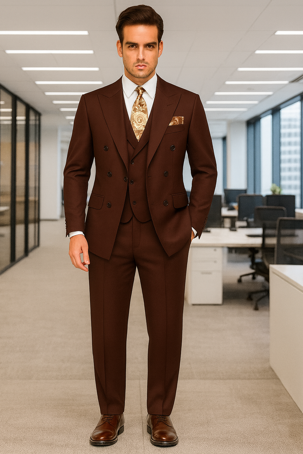 Double Breasted Suits - Vested Suits Wool Fabric - Apolo King Brand - Solid Brown Suit - Coat Size 38