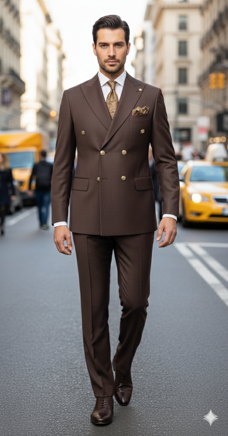 Mens Double Breasted Suits Gold Buttons -  Brown Suit - Double Breasted Blazer-New Designer Collection - 36 Regular Jacket+30 Waist Adjustable 26to32)Height: 5'7"-6')(Neck: 14.5-16:S)