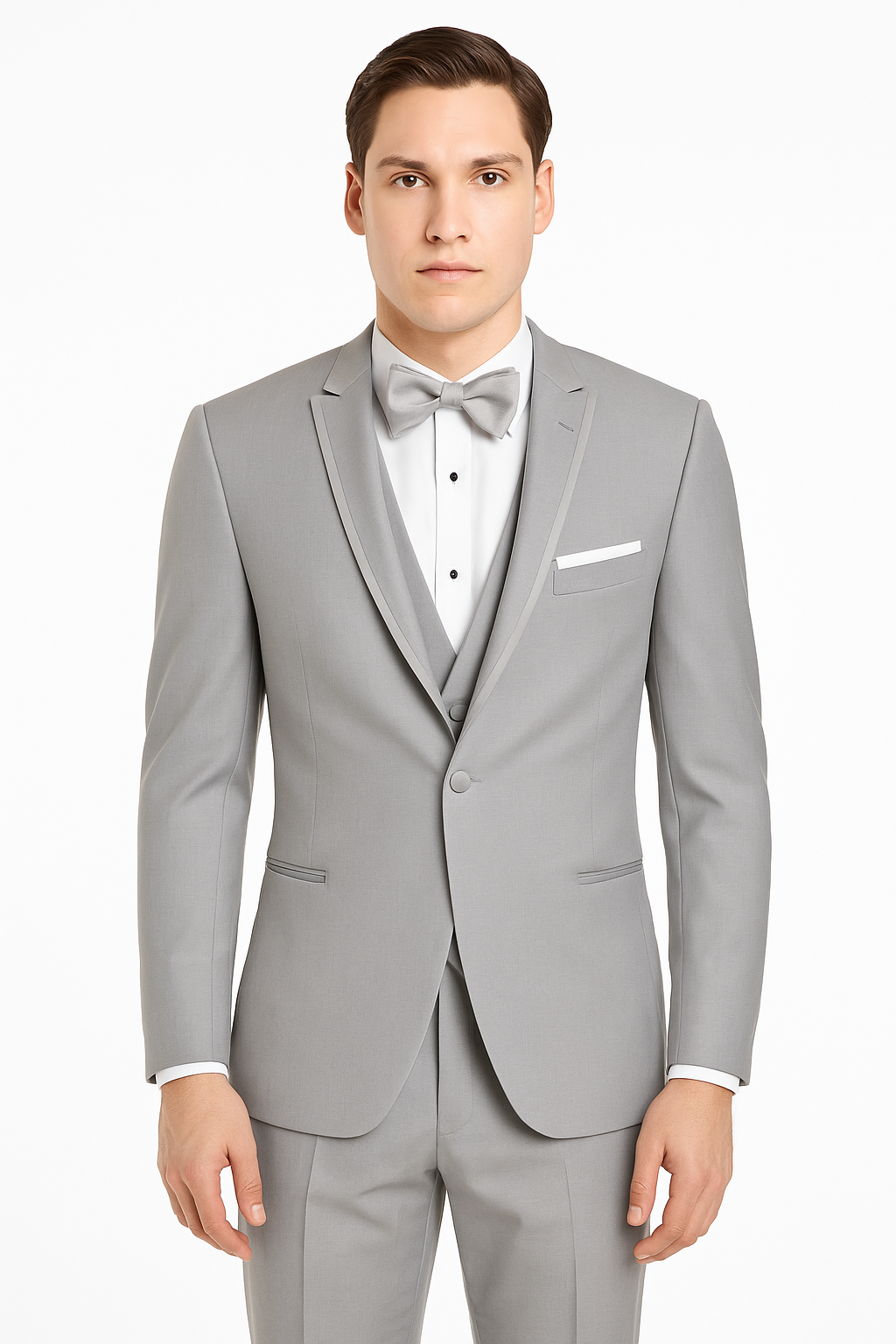 Mens Designer Marseille One Button Satin Trimmed Peak Tuxedo Light Grey - 38 Short Jacket+32 Waist Adjustable 28to34)(Height: 5 4 to5 7 )(Neck  15-16.5)S-M)