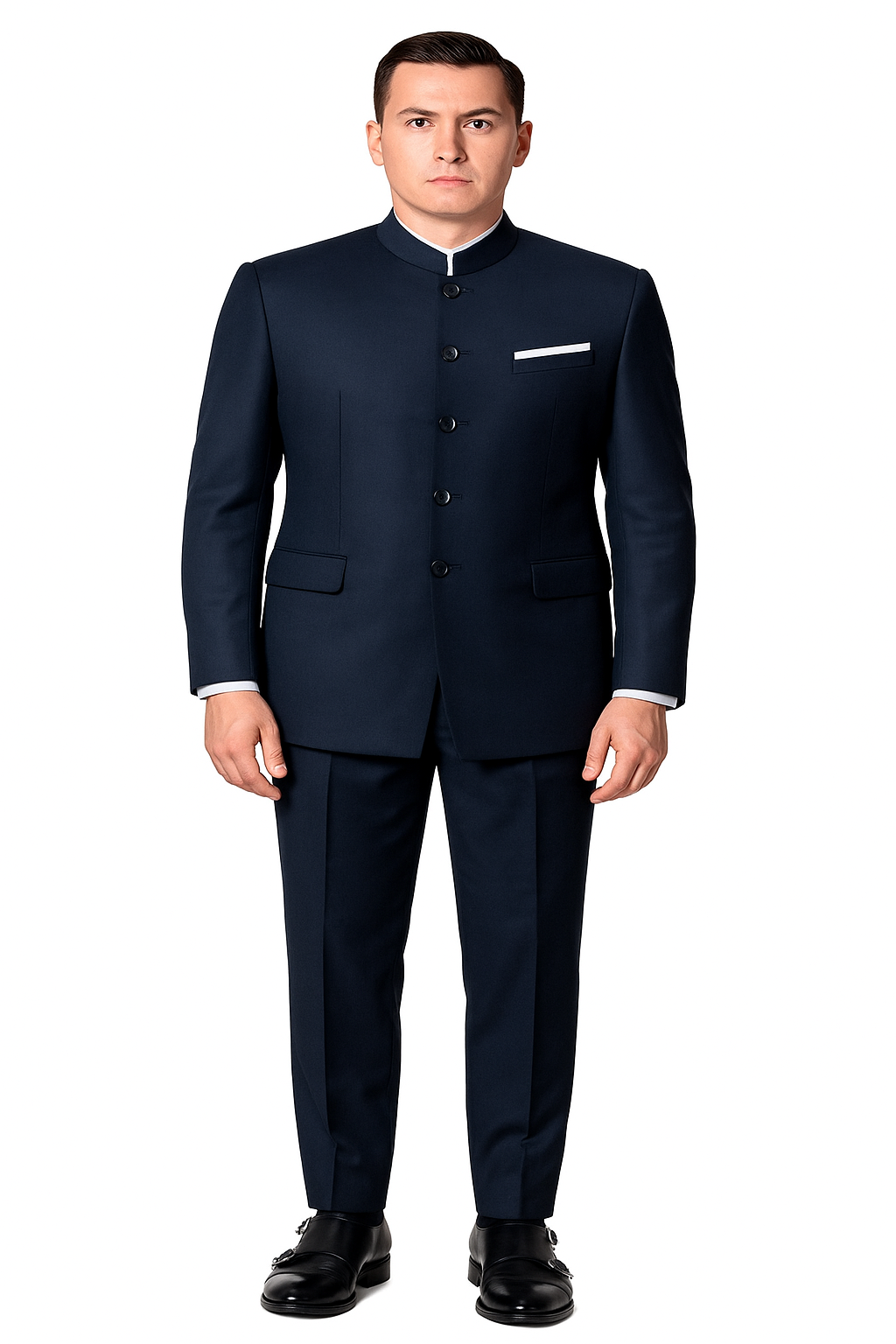 Mandarin Suit - Navy Blue Color Banded Collar Suit - Chines Collar in Color Dark Blue - Coat Size 38