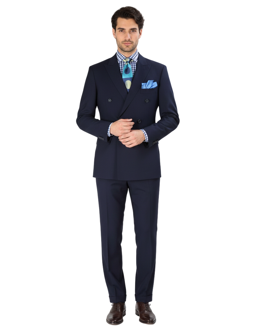 Double Breasted Suits - Vested Suits Wool Fabric - Apolo King Brand - Navy Suit - 34 Short or Extra Small