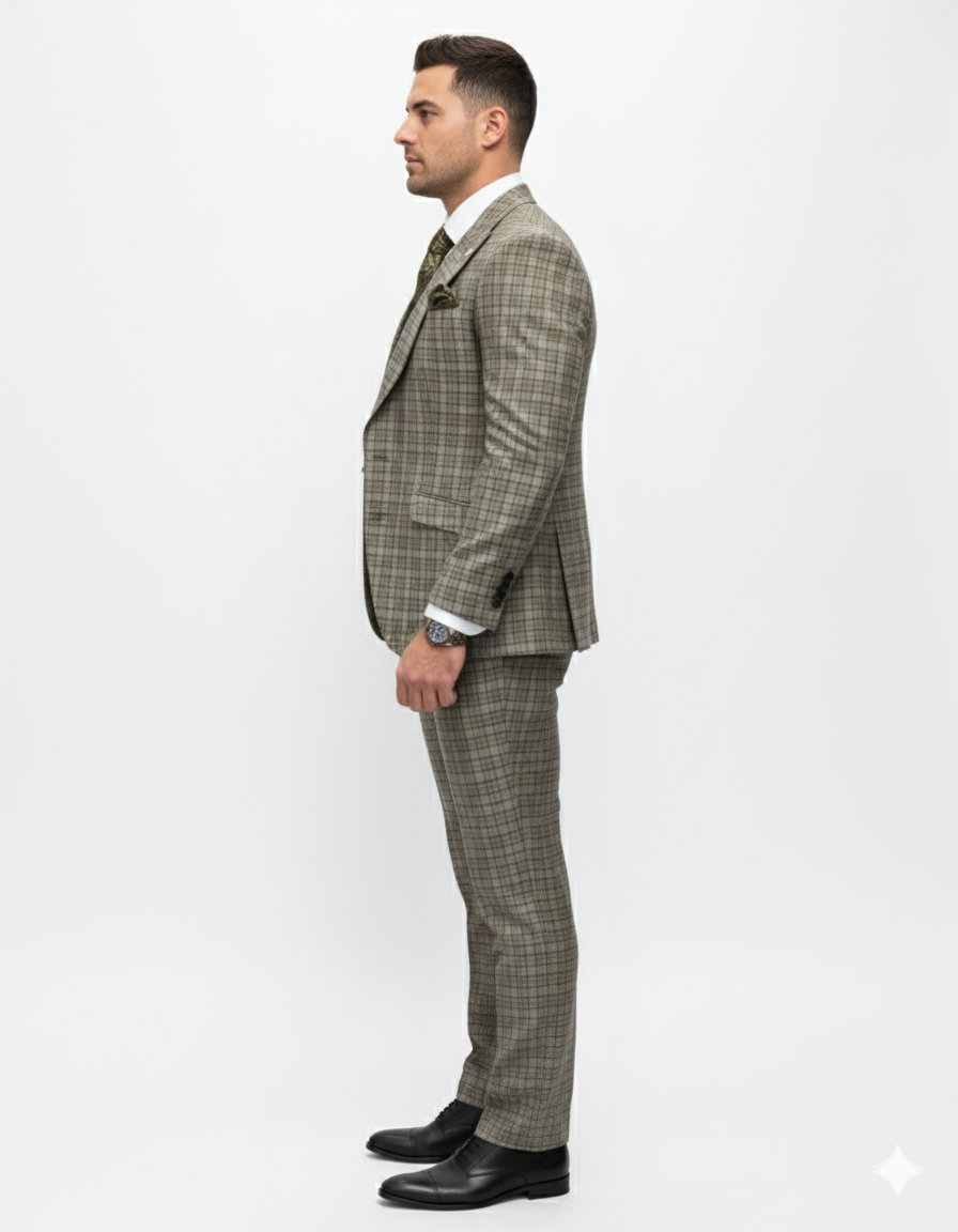 Statement Suits - Wool Suits - Peak Lapel Suits - Ticket Pocket - Modern Fit - Olive Suit - Coat Size 38