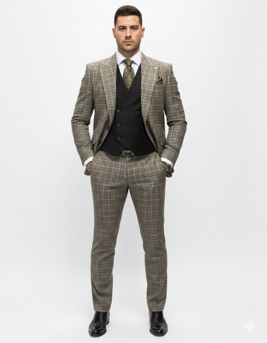 Statement Suits - Wool Suits - Peak Lapel Suits - Ticket Pocket - Modern Fit - Olive Suit - Coat Size 38