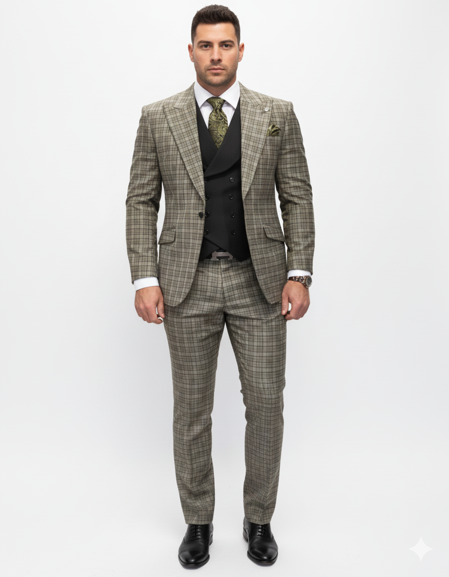 Statement Suits - Wool Suits - Peak Lapel Suits - Ticket Pocket - Modern Fit - Olive Suit - Coat Size 38