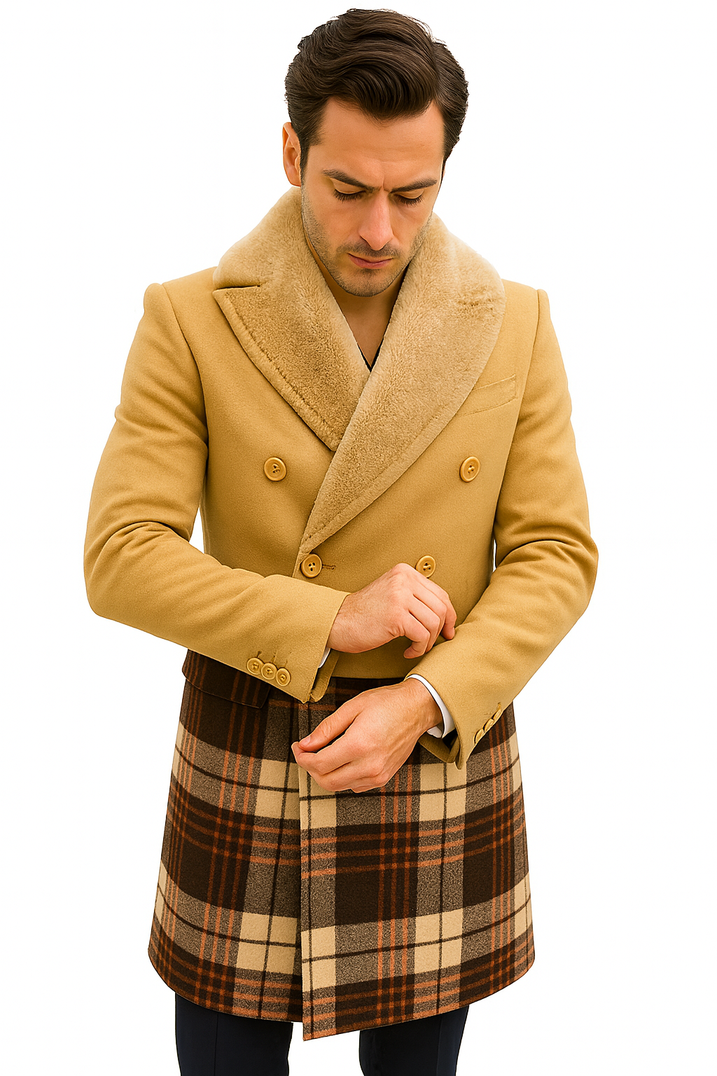 Mens Wool Plaid Peacoat - Plaid Pattern Wool camel-tan Coat - Coat Size 38