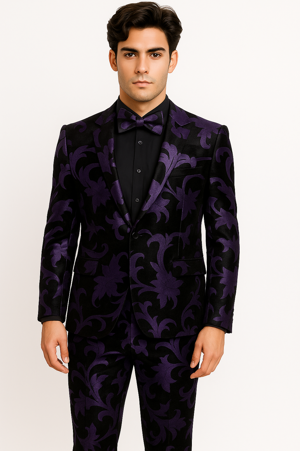 Mardi Gras Suit - Purple and Black Paisley Tuxedo Dinner Jacket + Matching Pants - Slim Fitted - 34 Short or Extra Small