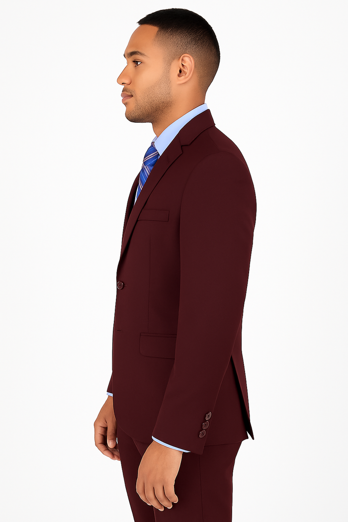 Men’s solid burgundy suit with stretch fabric and modern cut