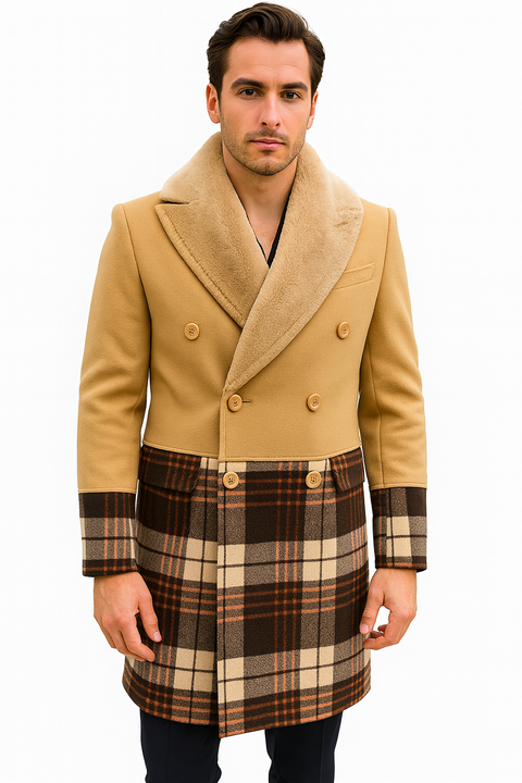 Mens Wool Plaid Peacoat - Plaid Pattern Wool camel-tan Coat