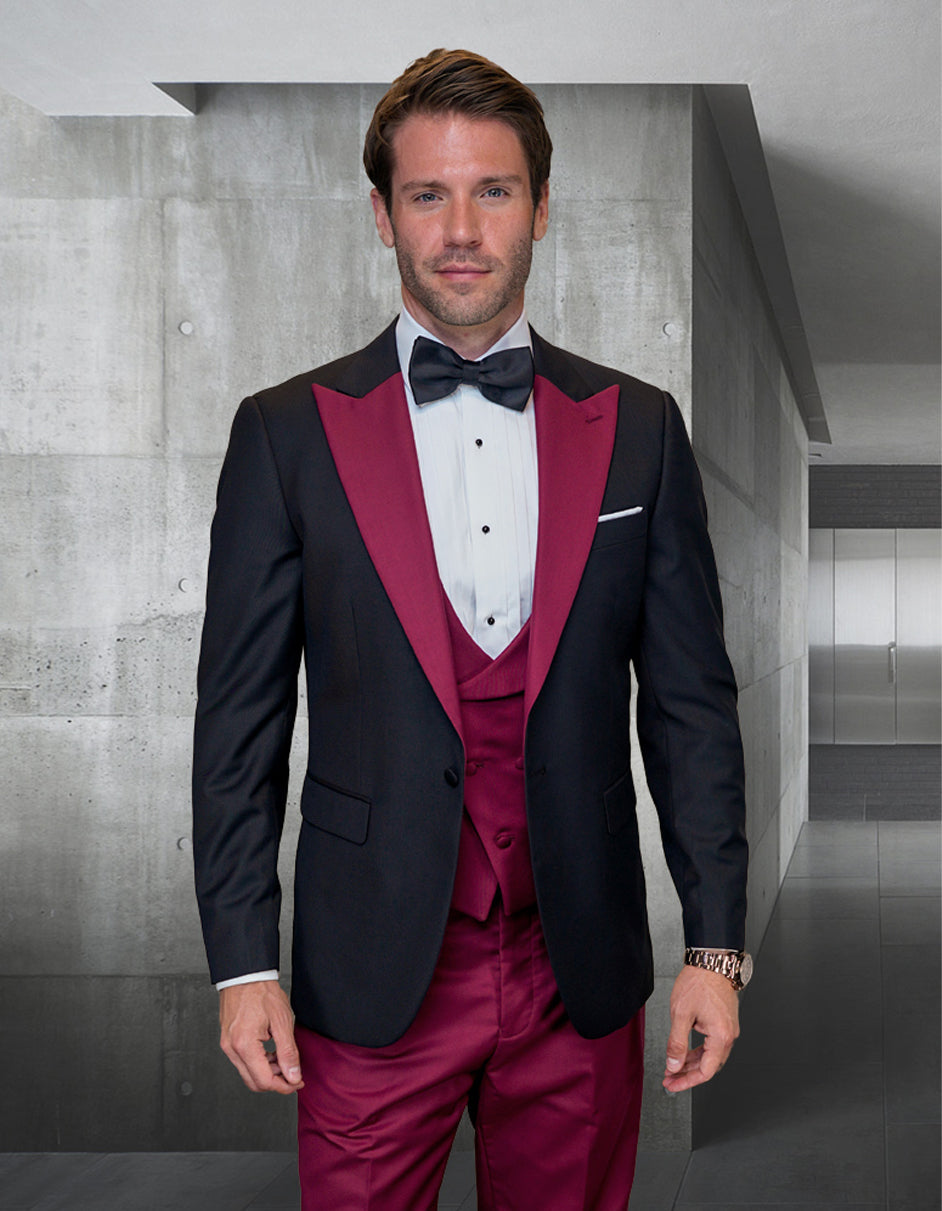 Mens Wool Vested Wide Contrast Peak Burgundy Wedding Tuxedo - 40 Short