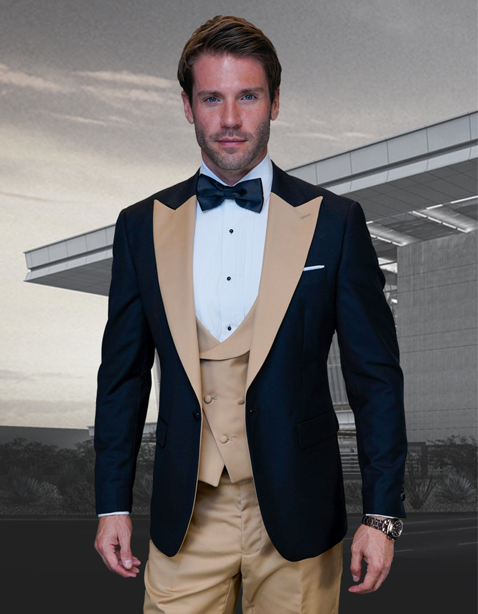Mens Wool Vested Wide Contrast Peak Wedding Gold Tuxedo - 34 Short