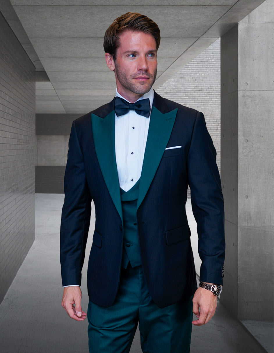 Mens Wool Vested Wide Contrast Peak Wedding Black and Hunter Green Tuxedo - 42 Short