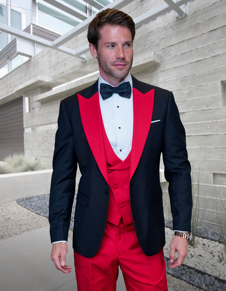 Mens Wool Vested Wide Contrast Peak Black and Red Wedding Tuxedo - 44 Short