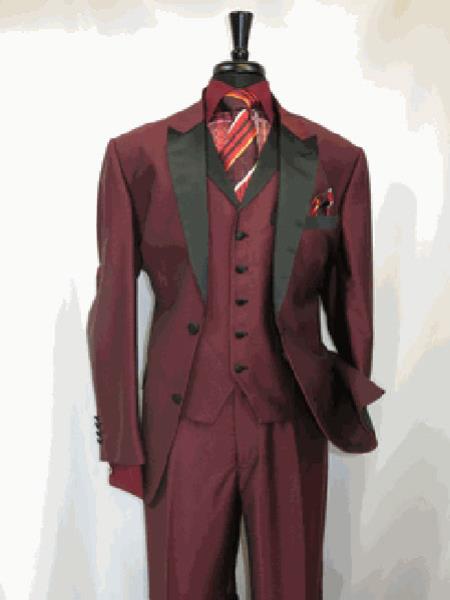 Men's Suit 2 Button Peak Sateen Lapel Two Toned Tuxedo Wine SharkSkin - 36 Short