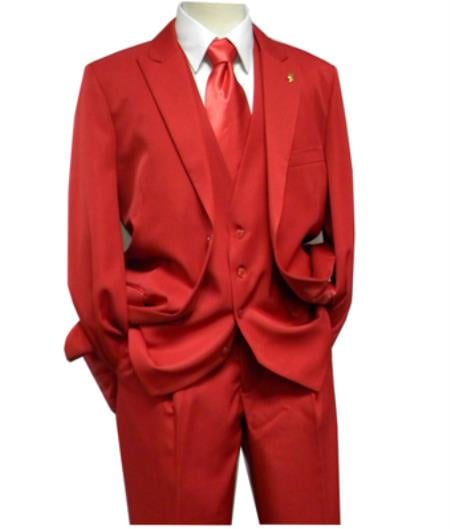 Mens Red Matching Suit Brand Vest 3 Piece Suit-New Designer Collection - 36 Regular Jacket+30 Waist Adjustable 26to32)Height: 5'7"-6')(Neck: 14.5-16:S)