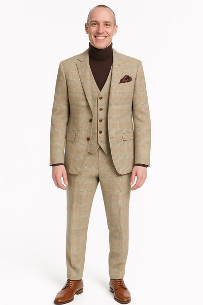 Mens Beige Plaid 3-Piece Suit Classic Checkered Suit for Weddings, Church Vested Checkered Pattern